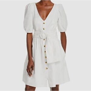 French Connection Besima Belted Puff Sleeve dress in white